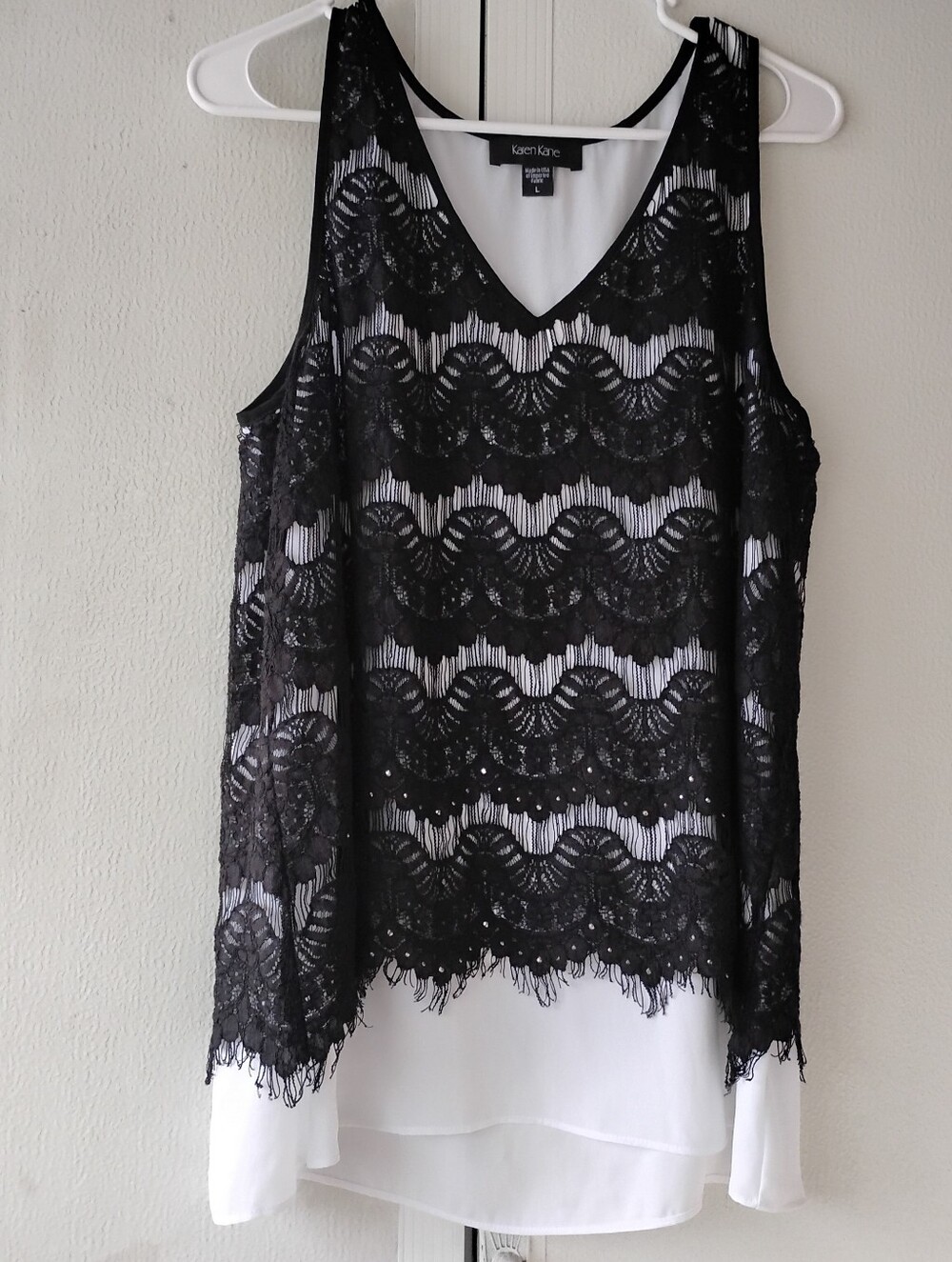 Karen Kane Black Lace Overlay V-Neck Camisole with White Underlayer